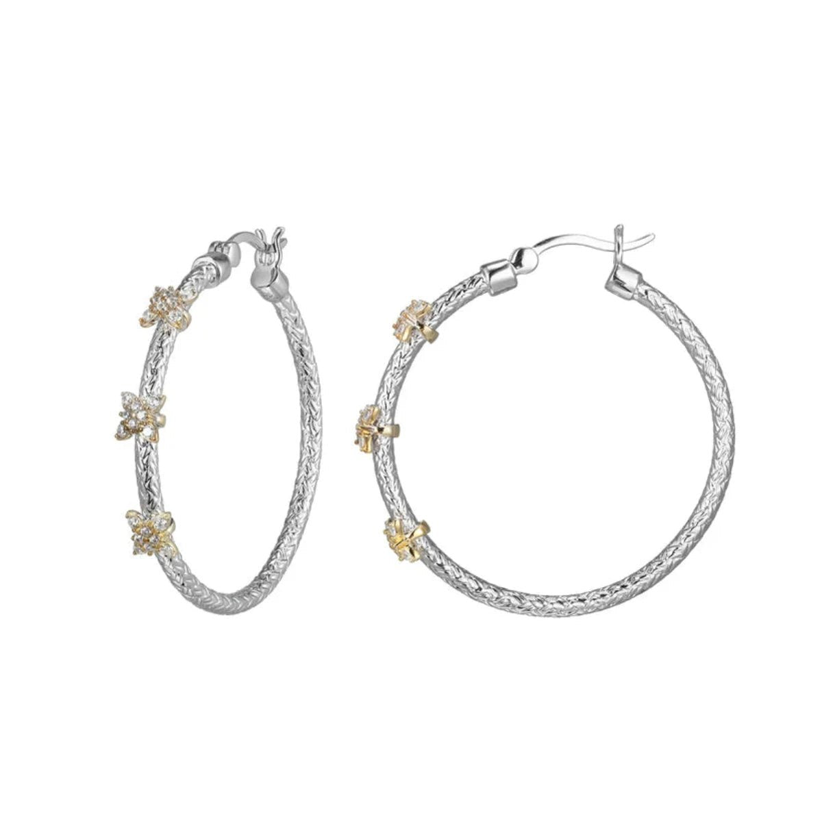 Dainty Earrings for Women-SS Two-Tone CZ Flower Station Hoop Earrings