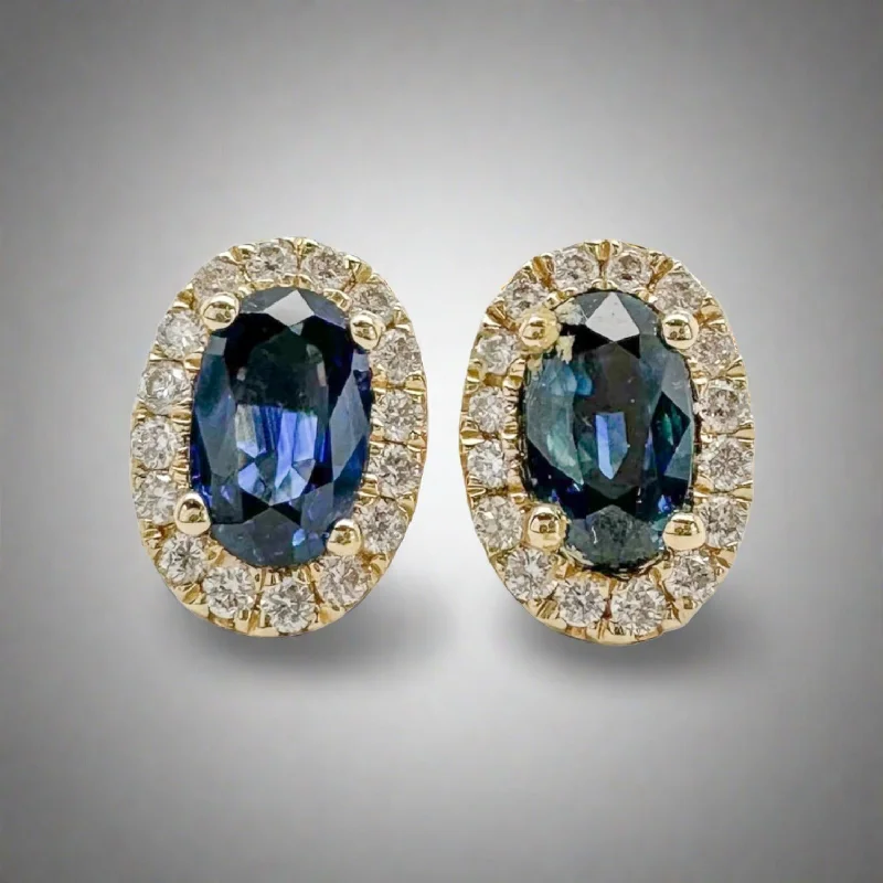 Bohemian Style Earrings-14K Y Gold 0.70ctw Diamond and 0.10ctw Sapphire Halo Oval Stud Earrings