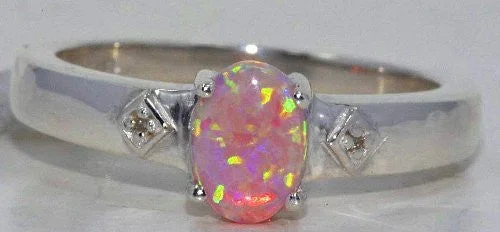 Custom Sterling Silver Ring-7x5mm Pink Opal & Diamond Oval Ring .925 Sterling Silver Rhodium Finish