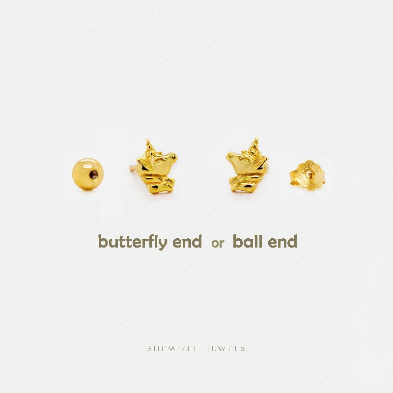 Modern Silver Earrings-Tiny Unicorn Stud Earrings, Unisex, Gold, Silver SS707 Butterfly End, SS708 Screw Ball End (Type A) LR