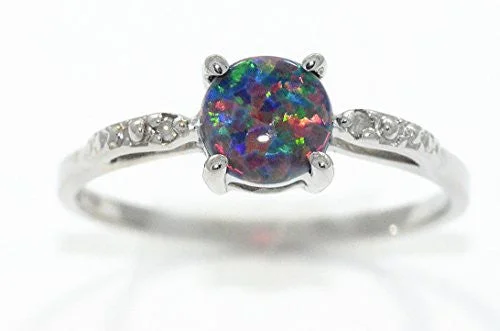 Luxury Diamond Ring-6mm Black Opal & Diamond Round Ring .925 Sterling Silver Rhodium Finish