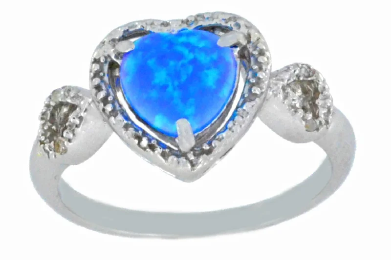 Simple Wedding Ring-Blue Opal & Diamond Heart Ring .925 Sterling Silver Rhodium Finish