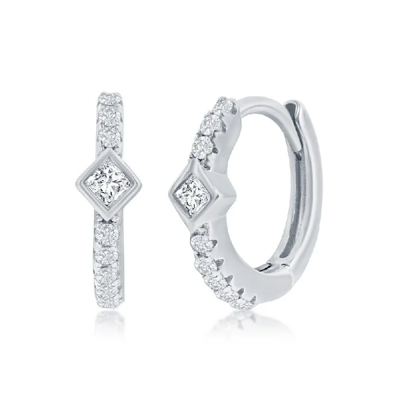 Wedding Earrings with Diamonds-SS 11MM Center Square CZ Huggie Hoop Earrings