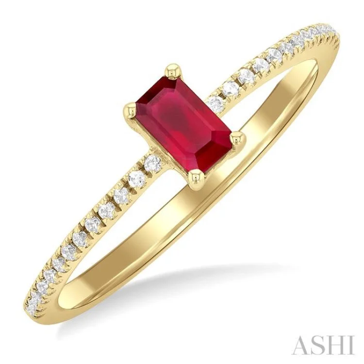 Platinum Wedding Band for Couples-5x3 MM Emerald Shape Ruby and 1/10 ctw Petite Round Cut Diamond Precious Fashion Ring in 10K Yellow Gold