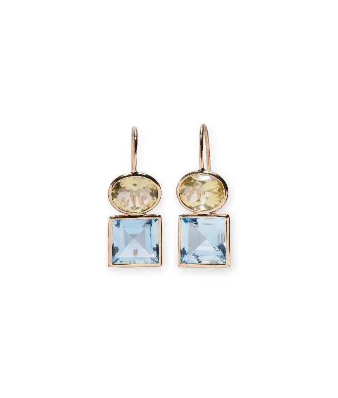 Wedding Earrings with Diamonds-14k Gold Duo Earrings in Lemon Quartz and Sky Blue Topaz