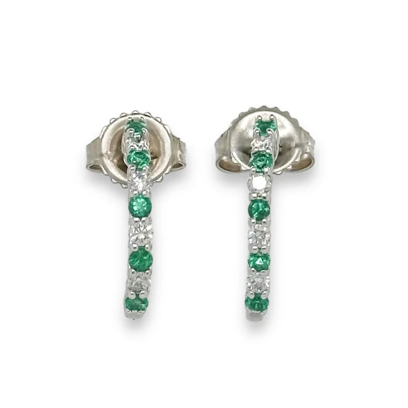 Unique Design Earrings-14K W Gold 0.20ctw Diamond and 0.30ctw Emerald Earrings