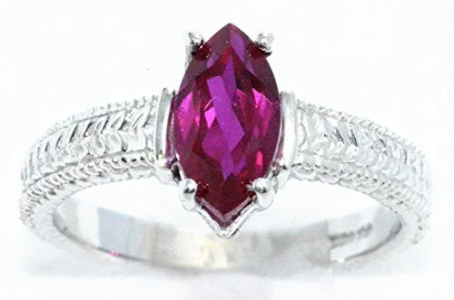 Wedding Ring Set with Gemstones-1 Ct Created Ruby Marquise Ring .925 Sterling Silver Rhodium Finish