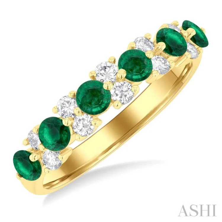 Unique Wedding Ring Set for Couples-3 MM Emerald and 1/3 ctw Round Cut Diamond Precious Band in 14K Yellow Gold