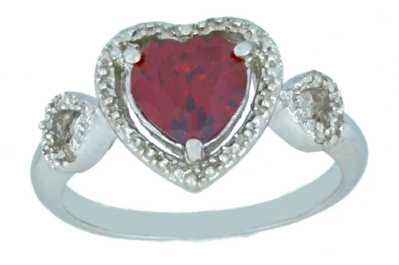 Unique Wedding Band for Women-1.5 Ct Garnet & Diamond Heart Ring .925 Sterling Silver Rhodium Finish