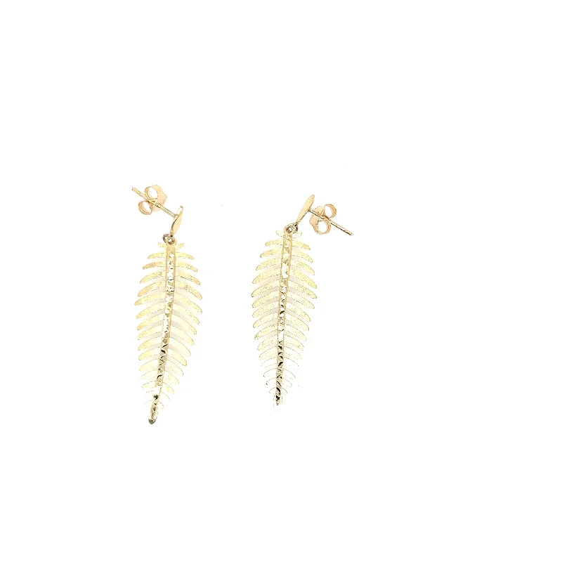 Custom Diamond Earrings-14K Yellow Gold Feather Earrings