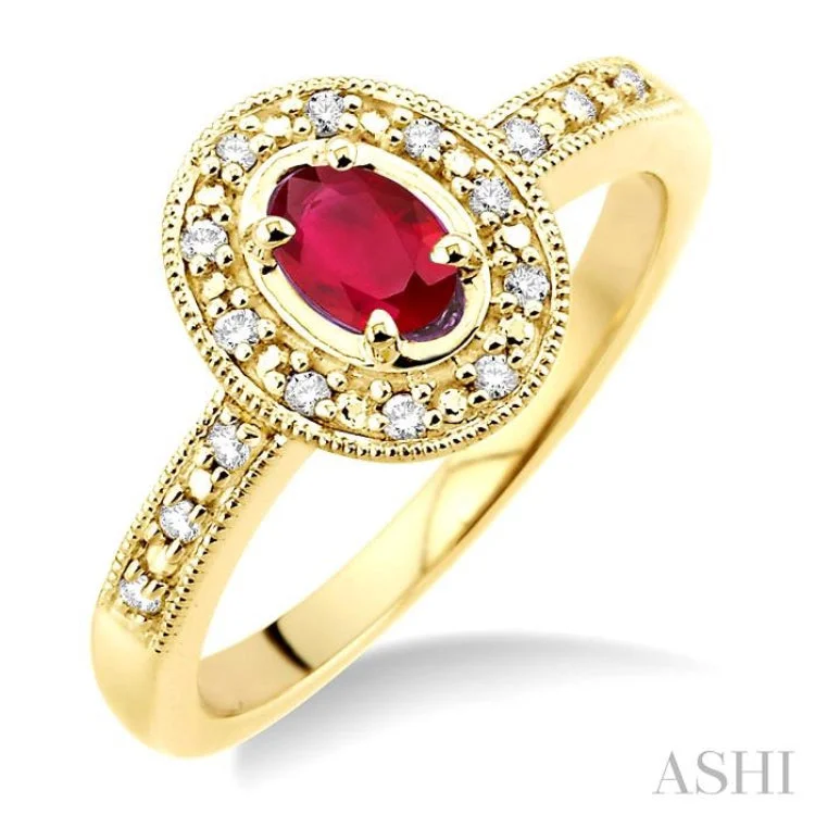 Diamond Anniversary Ring-5x3 MM oval cut Ruby and 1/10 ctw Single Cut Diamond Ring in 10K Yellow Gold.