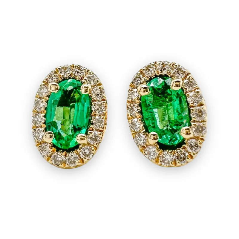 Gemstone Earrings for Brides-14K Y Gold 0.35 Emerald and 0.12ctw Halo Diamond Earrings