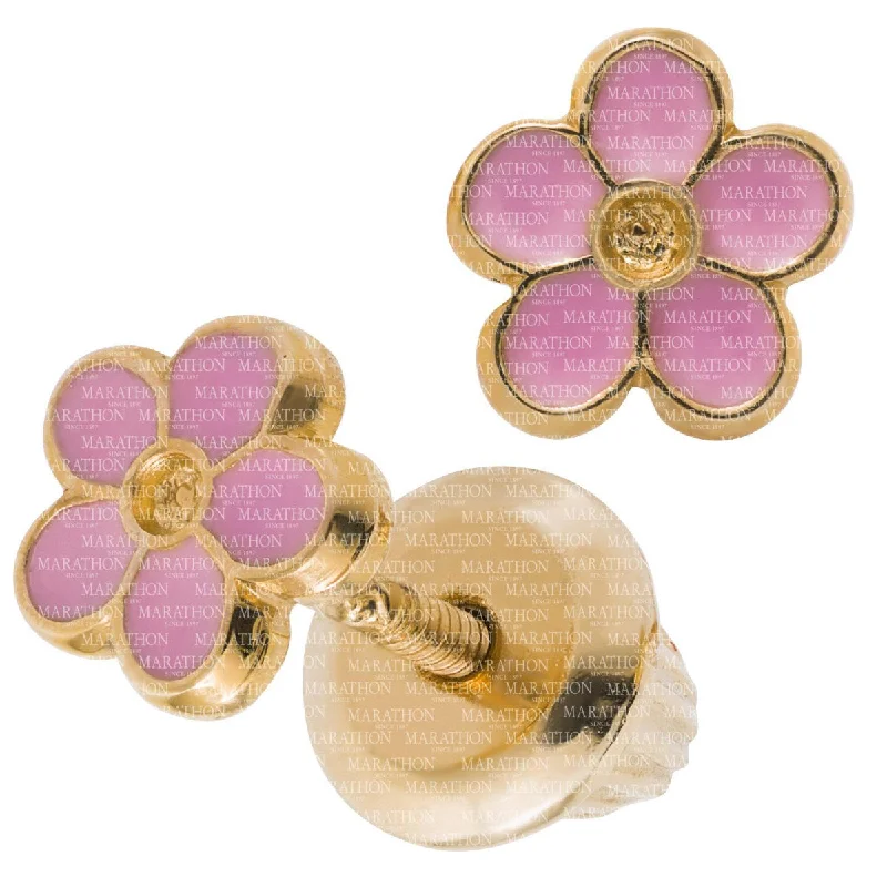 Modern Drop Earrings-14K Y Gold Pink Enamel Flower Baby Earrings