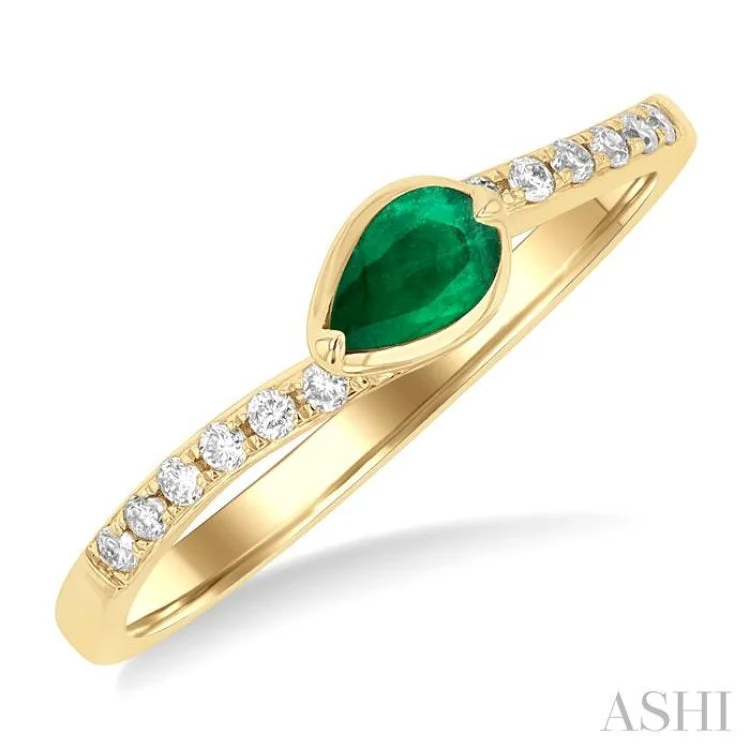 Custom Gold Ring-5x3 MM Pear Cut Emerald and 1/10 ctw Round Cut Diamond East-West Set Precious Ring in 14K Yellow Gold