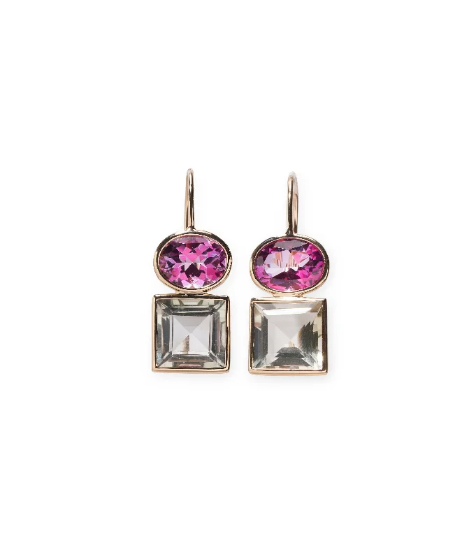 Gorgeous Diamond Earrings-14k Gold Duo Earrings in Pink Topaz and Green Amethyst