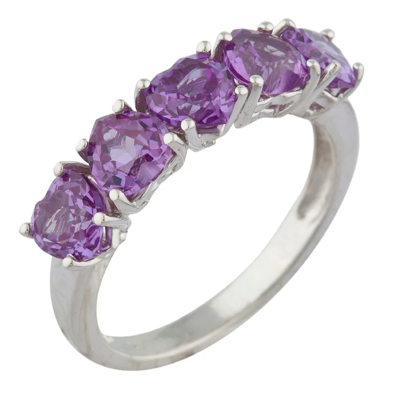 Diamond Wedding Band for Bride-5 Hearts Amethyst Heart Ring .925 Sterling Silver Rhodium Finish