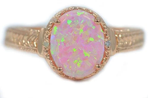 Trendy Wedding Rings-10x8mm Pink Opal & Diamond Oval Ring Sterling Silver 14Kt Rose Gold Plated