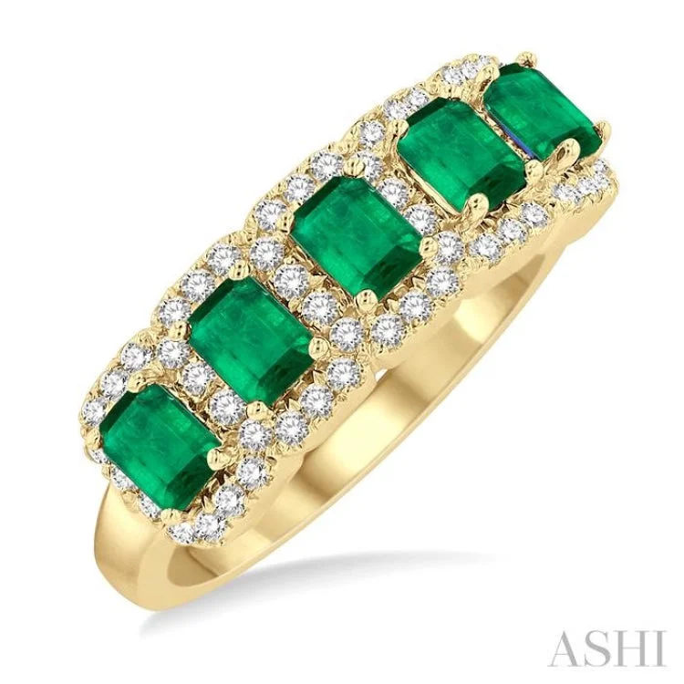 Bridal Engagement Ring-4x3 MM Emerald Shape Emerald and 1/2 ctw Round Cut Diamond Precious Wedding Band in 14K Yellow Gold