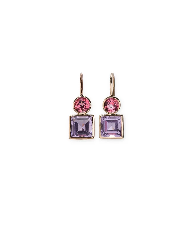 Chic Bridal Earrings-14k Gold Pastille Earrings in Pink Topaz and Amethyst