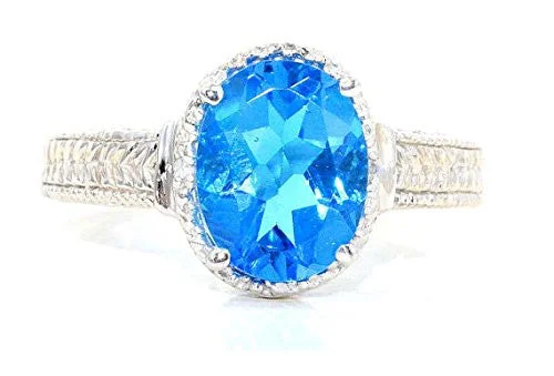 Diamond Engagement Ring-3 Ct Swiss Blue Topaz & Diamond Oval Ring .925 Sterling Silver Rhodium Finish