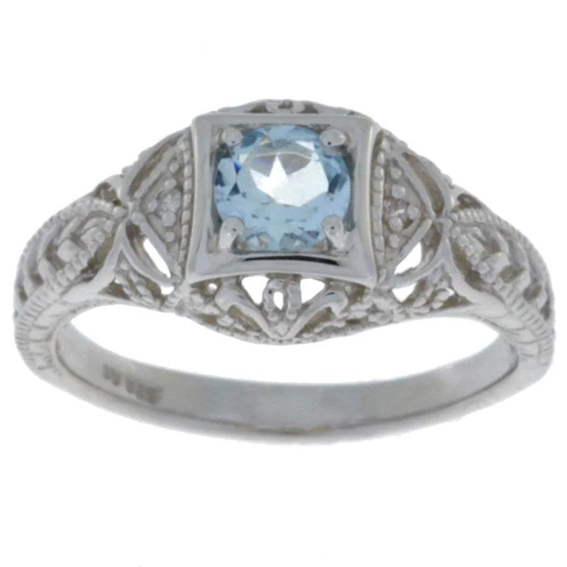 Custom Initial Ring-0.50 Ct Genuine Aquamarine & Diamond Round Ring .925 Sterling Silver