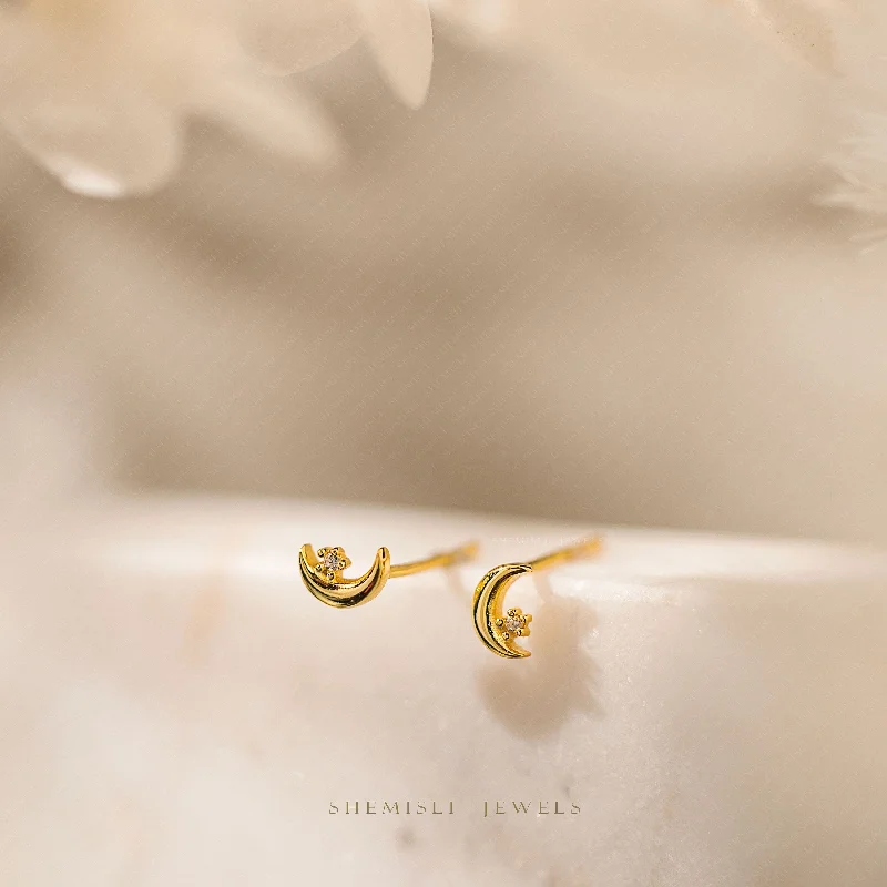 Customizable Wedding Earrings-Dainty Moon and Star Studs Earrings, Unisex, Gold, Silver SHEMISLI SS637 Butterfly End, SS638 Screw Ball End (Type A) LR