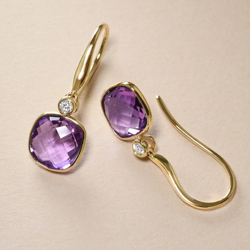 Classic Gold Earrings-Cushion Amethyst Drops