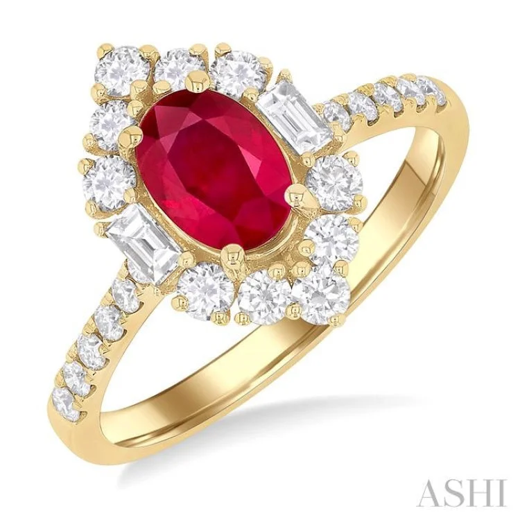 Fashionable Gold Engagement Ring-7x5 MM Oval Cut Ruby & 5/8 ctw Baguette and Round Cut Diamond Halo Precious Ring in 14K Yellow Gold