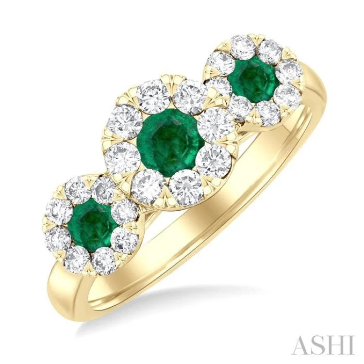 Dainty Engagement Ring-3.8 MM & 3 MM Emerald and 5/8 ctw Round Cut Diamond Precious Lovebright Past, Present and Future Ring in 14K Yellow Gold