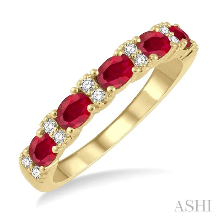 Elegant Wedding Ring for Bride-4x3 MM Oval Shape Ruby and 1/6 ctw Round Cut Diamond Precious Band in 14K Yellow Gold