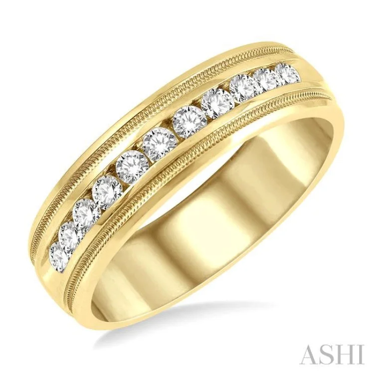 Custom Wedding Band-1/2 ctw Parallel Milgrain & Niched Center Round Cut Diamond Men's Wedding Band in 14K Yellow Gold