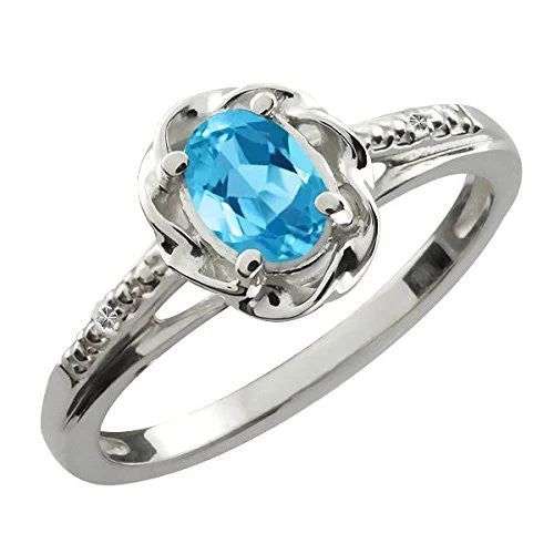 Classic Wedding Band Set-0.50 Ct Blue Topaz & Diamond Oval Ring .925 Sterling Silver Rhodium Finish