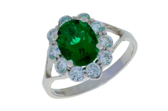 Luxury Gold Wedding Ring-4 Ct Emerald & Zirconia Oval Ring .925 Sterling Silver Rhodium Finish