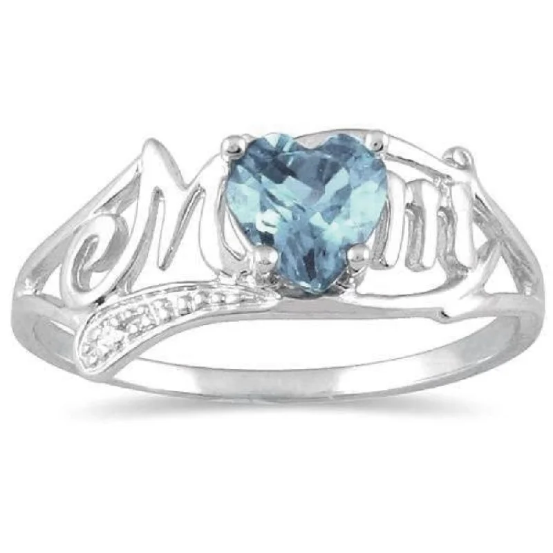 Personalized Wedding Ring-.50 Ct Genuine Aquamarine & Diamond Heart Mom Ring .925 Sterling Silver