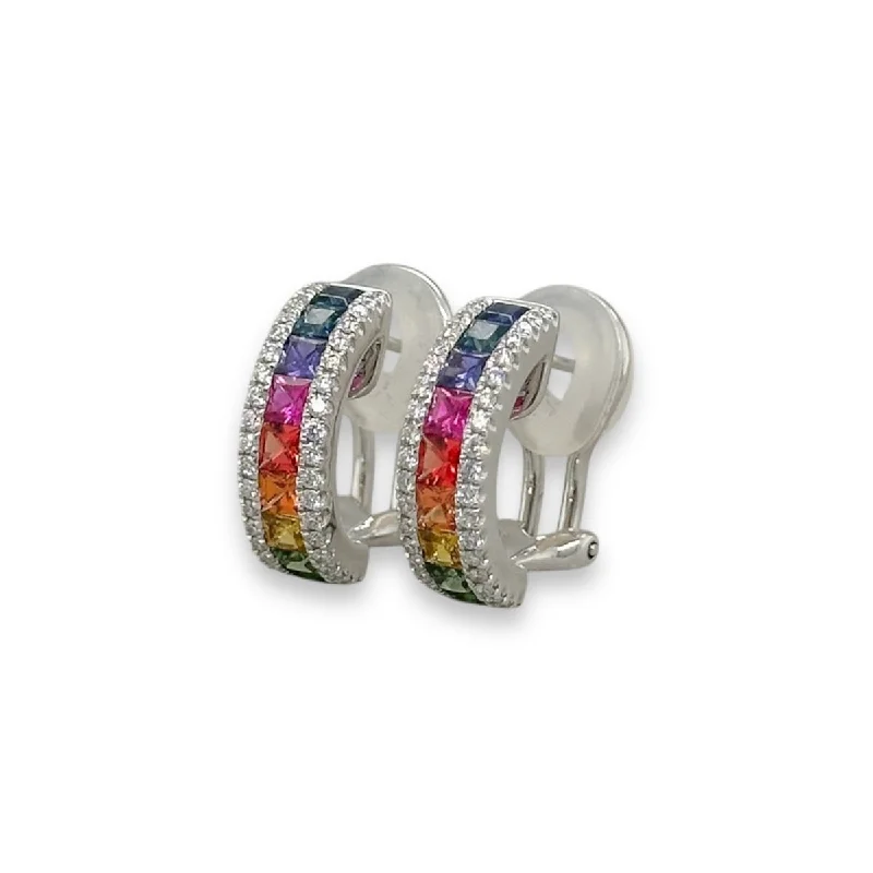 Silver Dangle Earrings-18K W Gold 1.58ctw Multicolor Sapphires and 0.34ctw G/SI1 Diamond Hoop Earrings