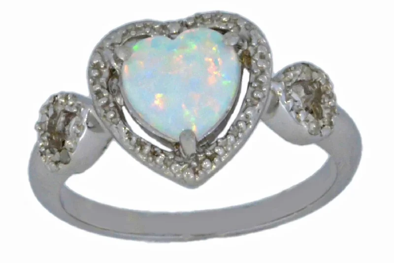 Men's Ring with Diamonds-Opal & Diamond Heart Ring .925 Sterling Silver Rhodium Finish