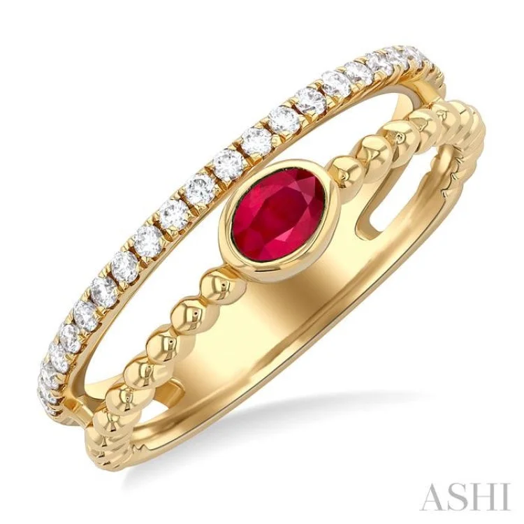 Fashionable Engagement Ring-4x3 MM Oval Shape Ruby and 1/5 ctw Single Cut Diamonds Precious Fashion Split Twin Ring in 10K Yellow Gold