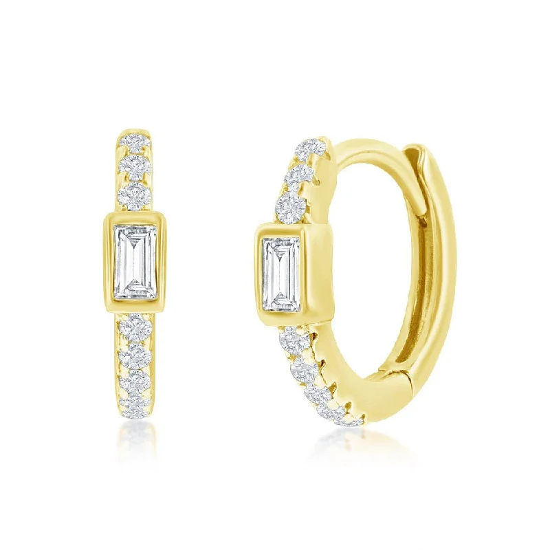 Elegant Gemstone Drop Earrings-YGP Sterling 11MM Center Baguette CZ Huggie Hoop Earrings