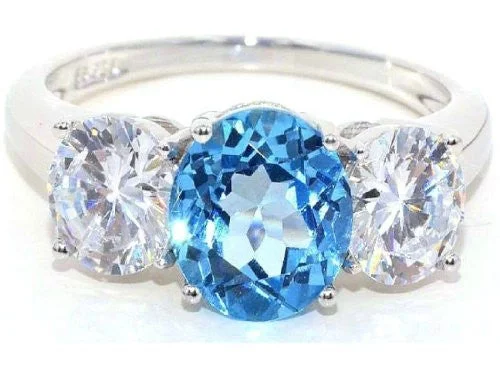 Silver Wedding Band with Diamonds-4 Ct Blue Topaz & Zirconia Round Ring .925 Sterling Silver Rhodium Finish