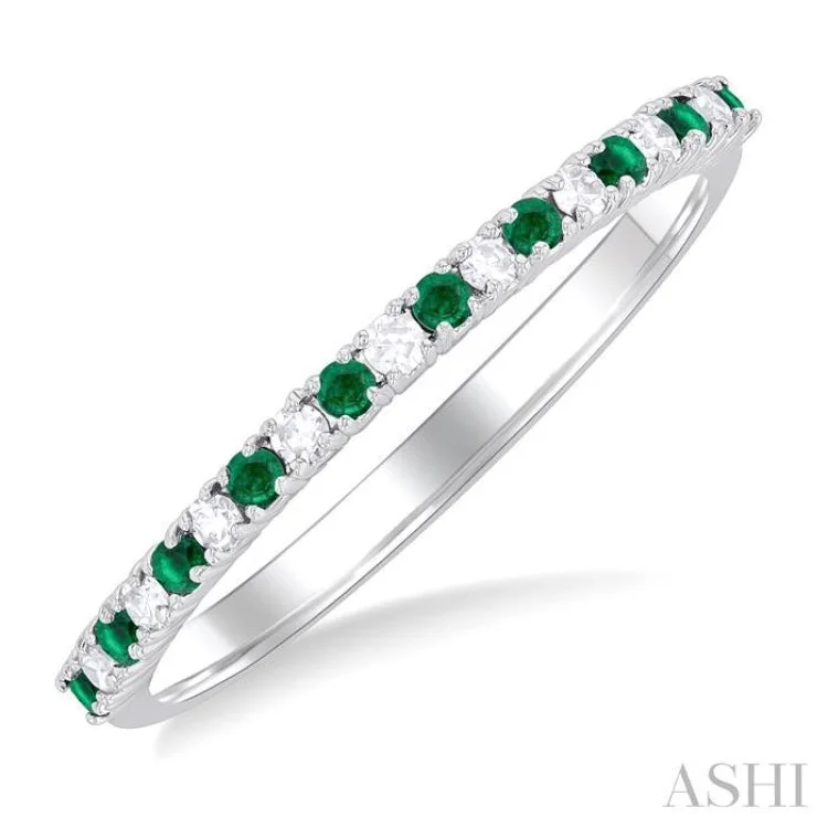 Platinum Wedding Ring-1.35 MM Round Cut Emerald and 1/10 ctw Petite Round Cut Diamond Precious Stack Band in 10K White Gold