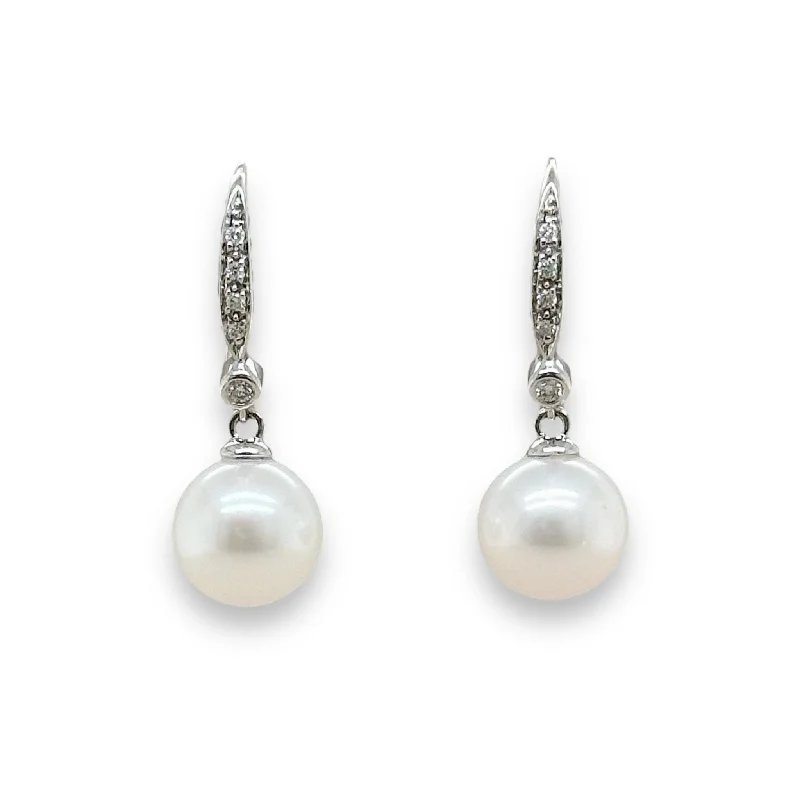 Large Dangle Earrings-14K W Gold 8-9mm FWP Pearl and 0.10ctw Diamond Earrings