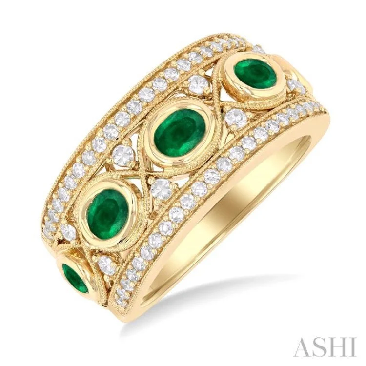 Wedding Ring Set with Diamonds-4x3 MM Oval and 2.8 MM Round Cut Emerald and 3/8 ctw Curvy Criss-Cross Single Cut Diamond Precious Band in 14K Yellow Gold