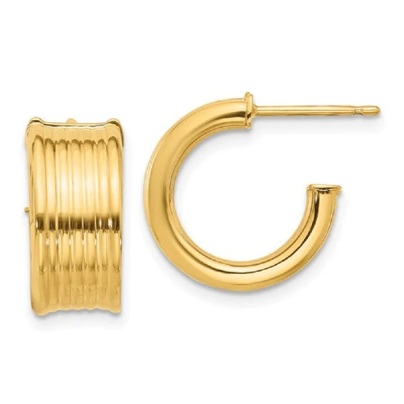 Dazzling Drop Earrings-14K Y Gold  7.5mm Wide Grooved J-Hoop Post Earrings