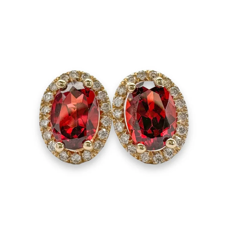 Bridal Earrings with Diamonds-14K Y Gold 0.19ct Diamond and 1.80ct Garnet Halo Earrings