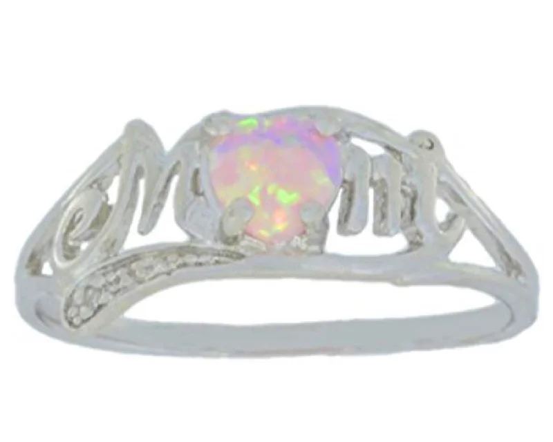 Unique Wedding Band for Women-Pink Opal & Diamond Heart Mom Ring .925 Sterling Silver