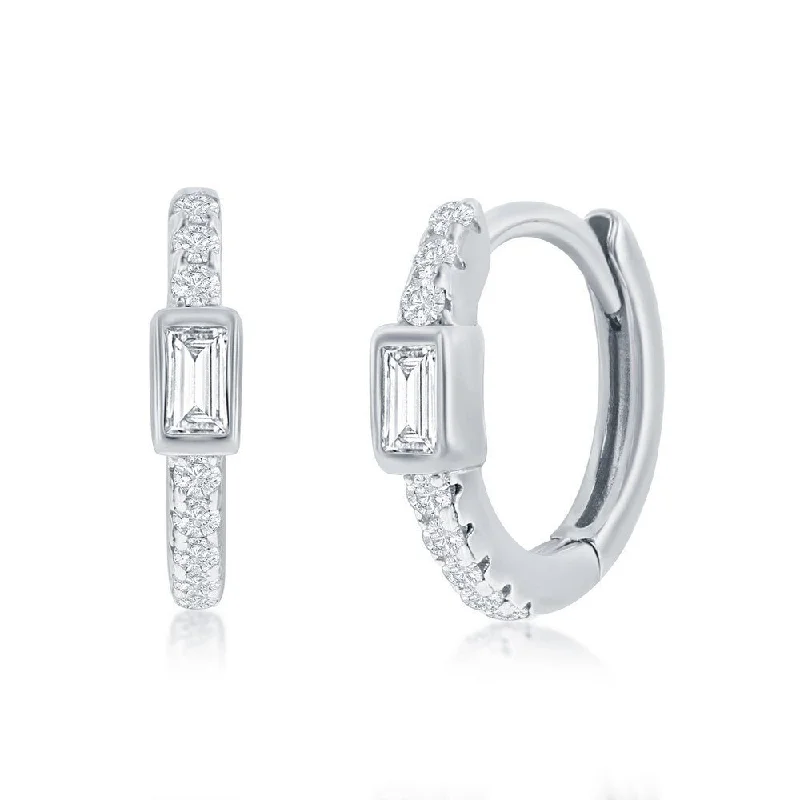 Fashionable Stud Earrings-SS 11MM Center Baguette CZ Huggie Hoop Earrings