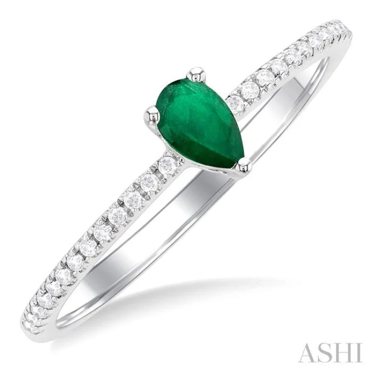 Silver Ring with Sapphire-5x3 MM Pear Cut Emerald and 1/10 ctw Petite Round Cut Diamond Precious Fashion Ring in 10K White Gold