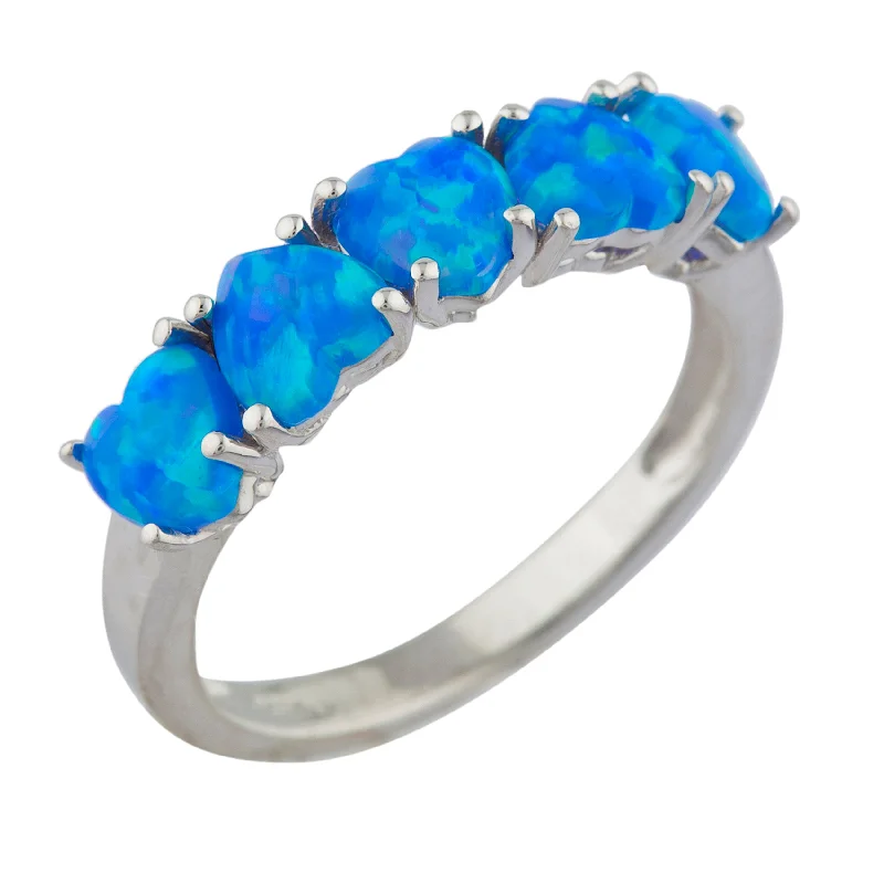 Unique Wedding Ring Set for Couples-5 Hearts Blue Opal Heart Ring .925 Sterling Silver Rhodium Finish