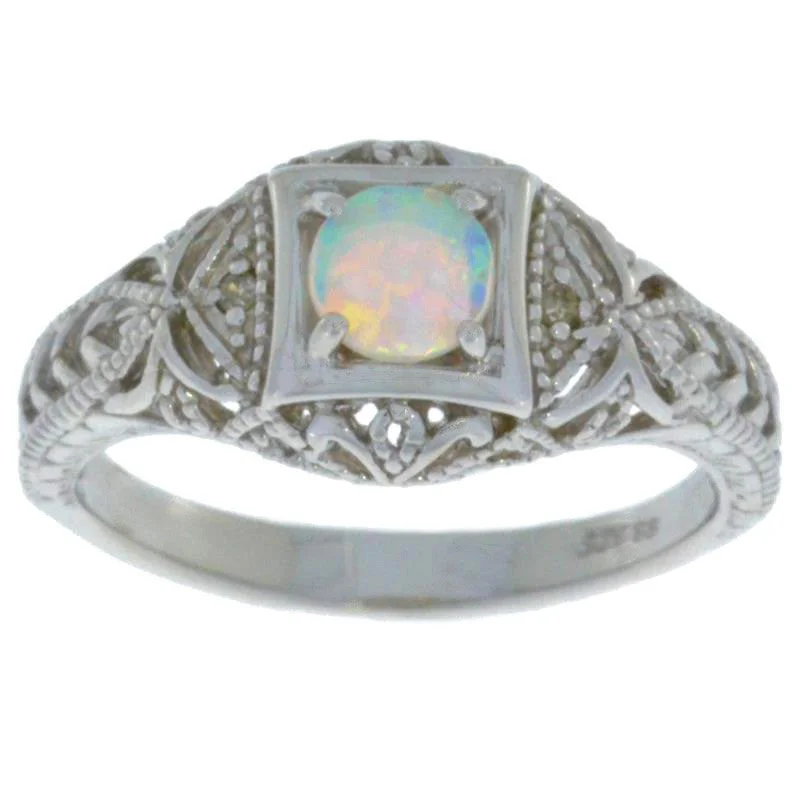 Custom Ruby Engagement Ring-Opal & Diamond Round Ring .925 Sterling Silver