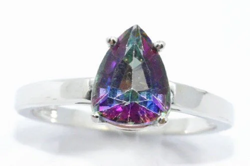 Wedding Band for Bride-2 Ct Genuine Mystic Topaz Pear Ring .925 Sterling Silver Rhodium Finish